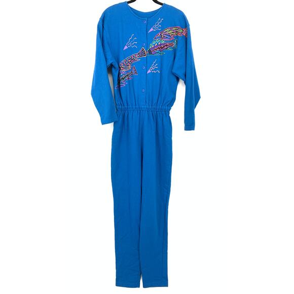 American Vintage Pants - VTG 80s Basic Threads Jumpsuit Womens Apx Sz S Blue Fish Graphics Art To Wear